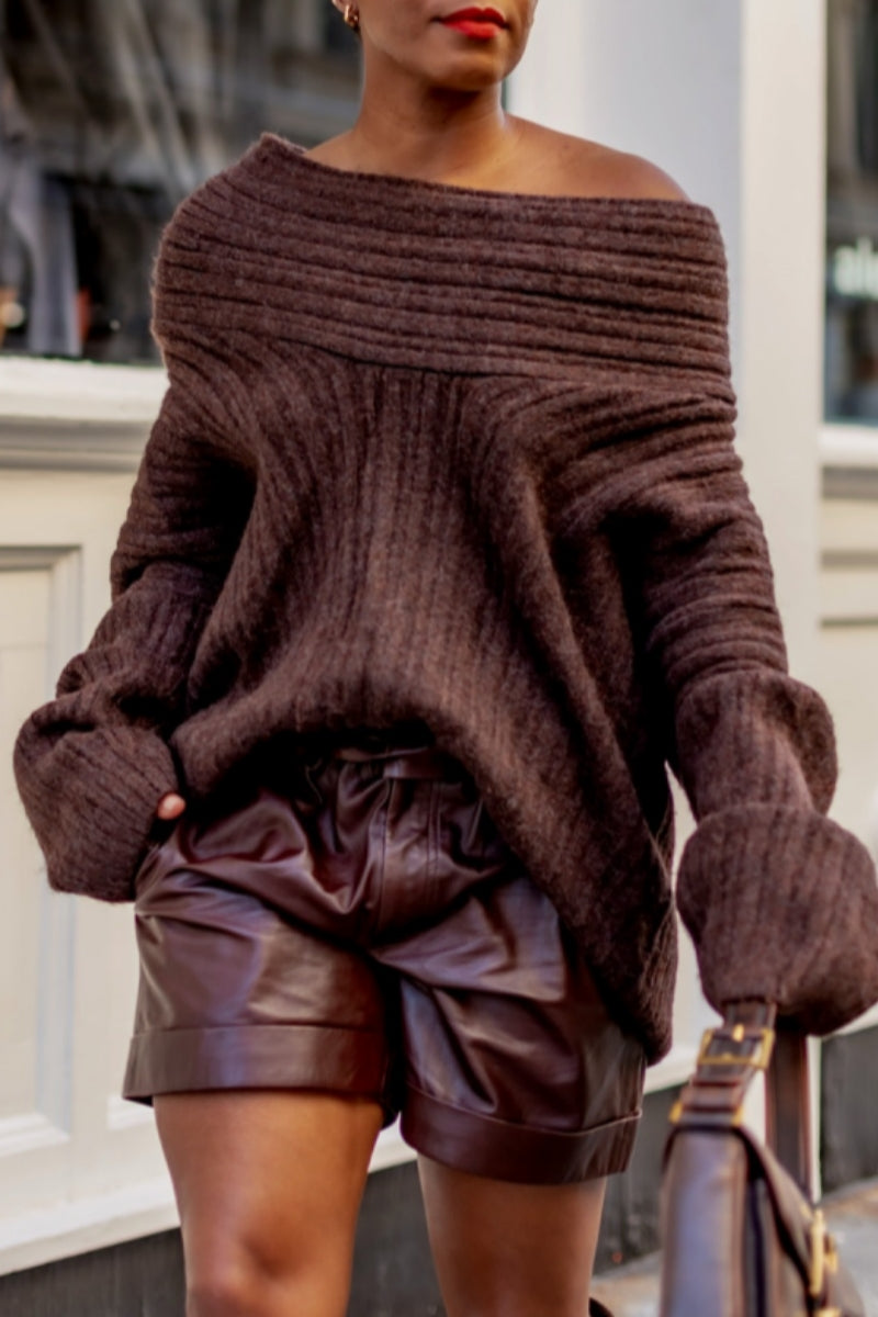 Samantha® | Maglione casual basic in tinta unita con colletto inclinato