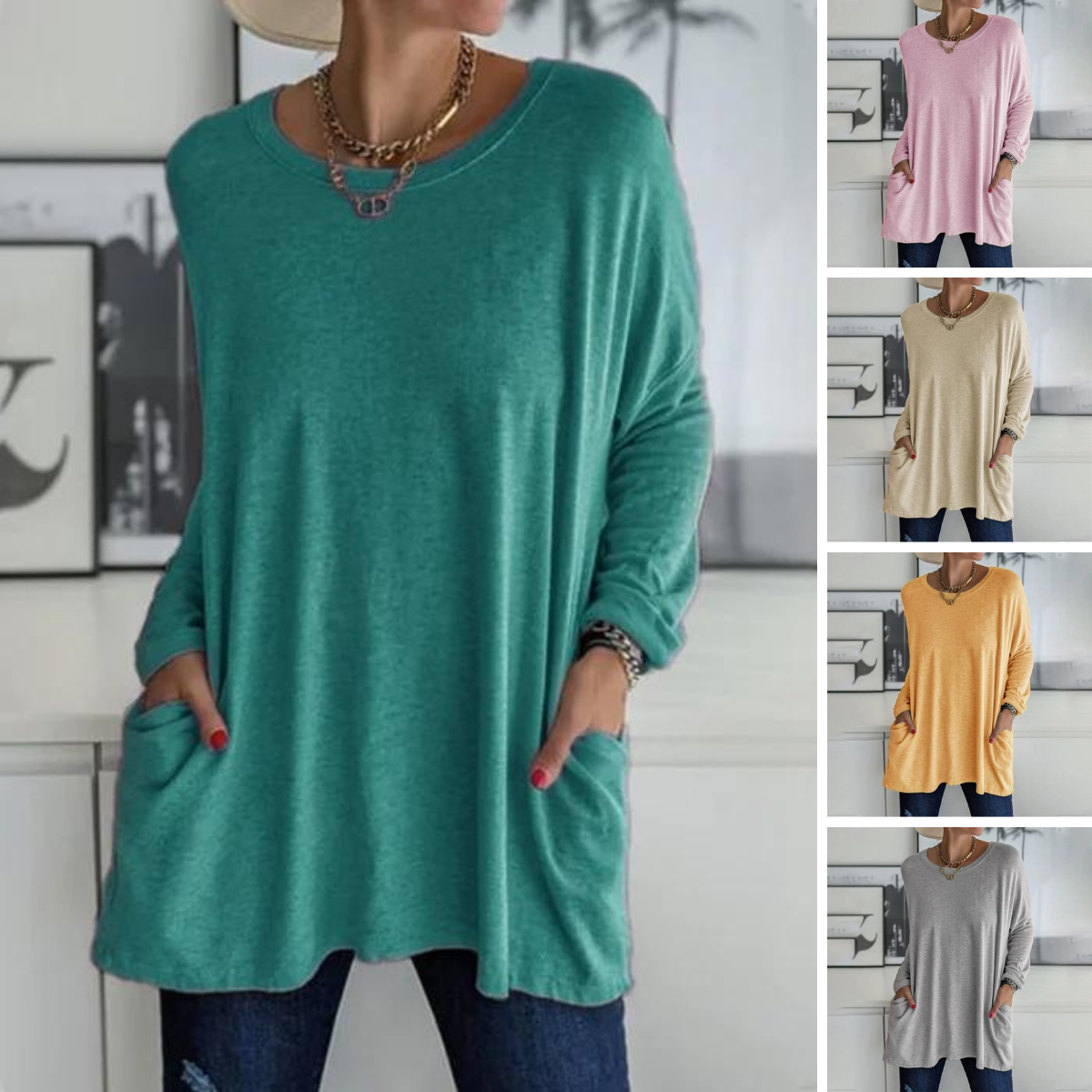 Yvonne® | Tunica alla moda con tasca superiore, girocollo ampio, manica lunga