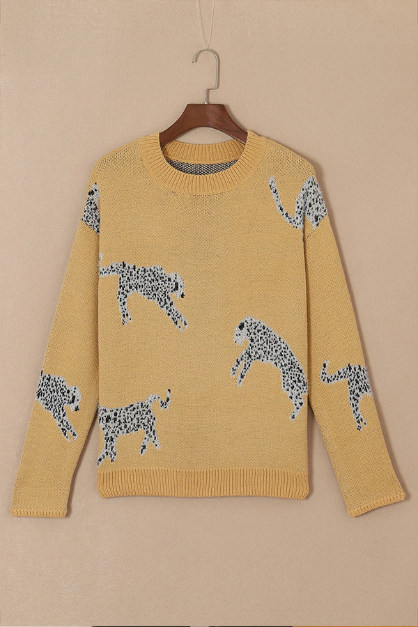 Yolanda® | Maglione in maglia con stampa animalier color cammello e spalla scesa