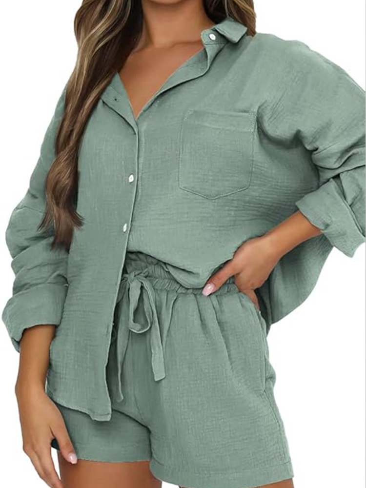 Yvonne® | Set casual composto da camicia con colletto e pantaloncini con coulisse
