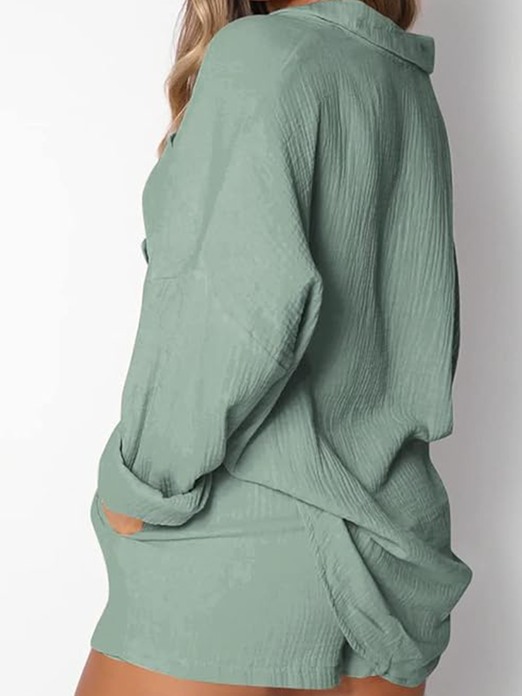 Yvonne® | Set casual composto da camicia con colletto e pantaloncini con coulisse