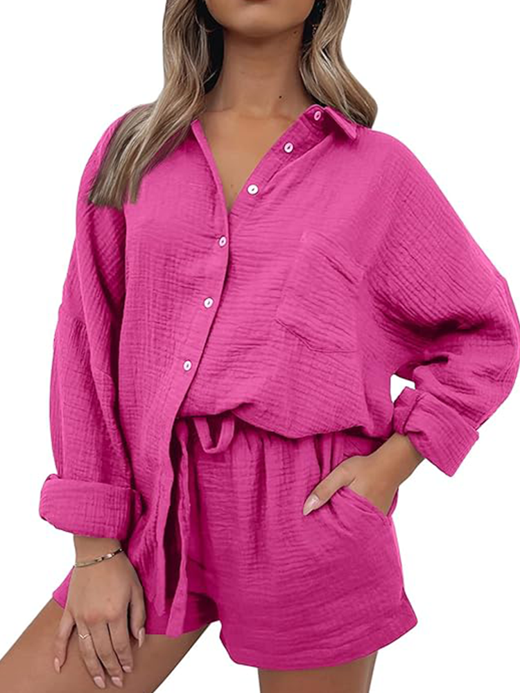 Yvonne® | Set casual composto da camicia con colletto e pantaloncini con coulisse