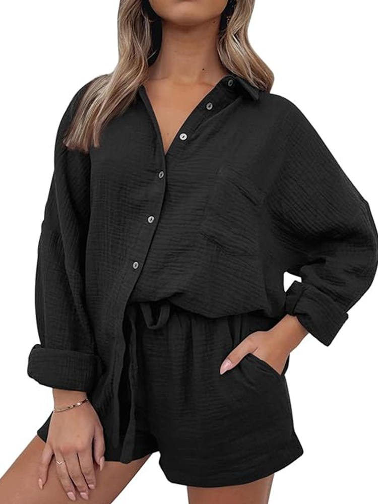 Yvonne® | Set casual composto da camicia con colletto e pantaloncini con coulisse