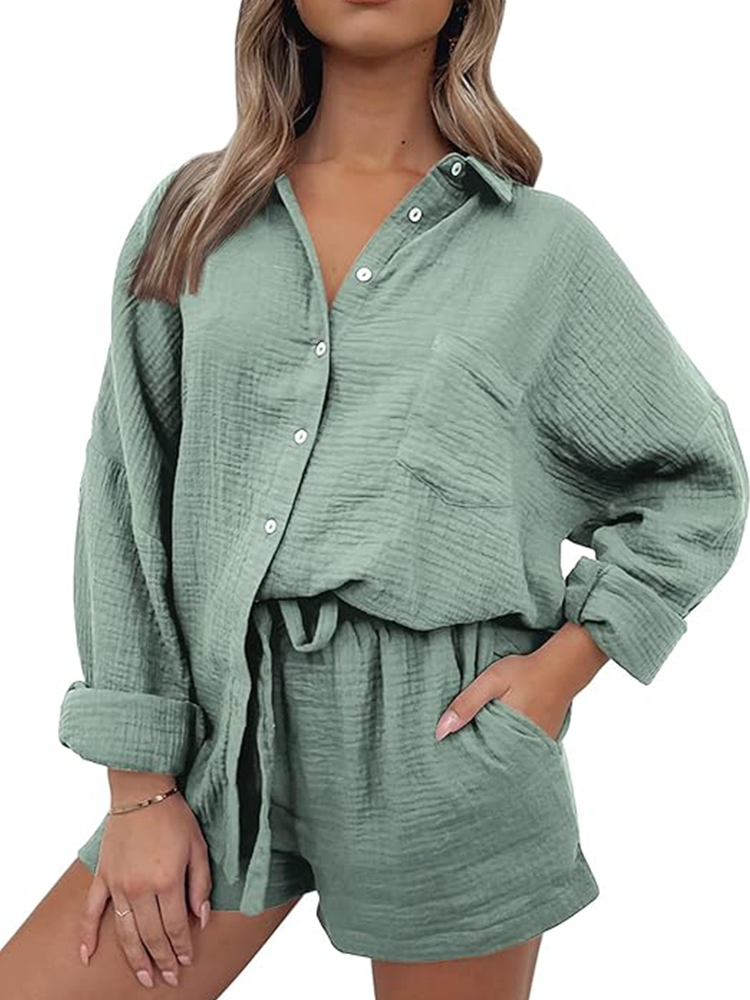Yvonne® | Set casual composto da camicia con colletto e pantaloncini con coulisse