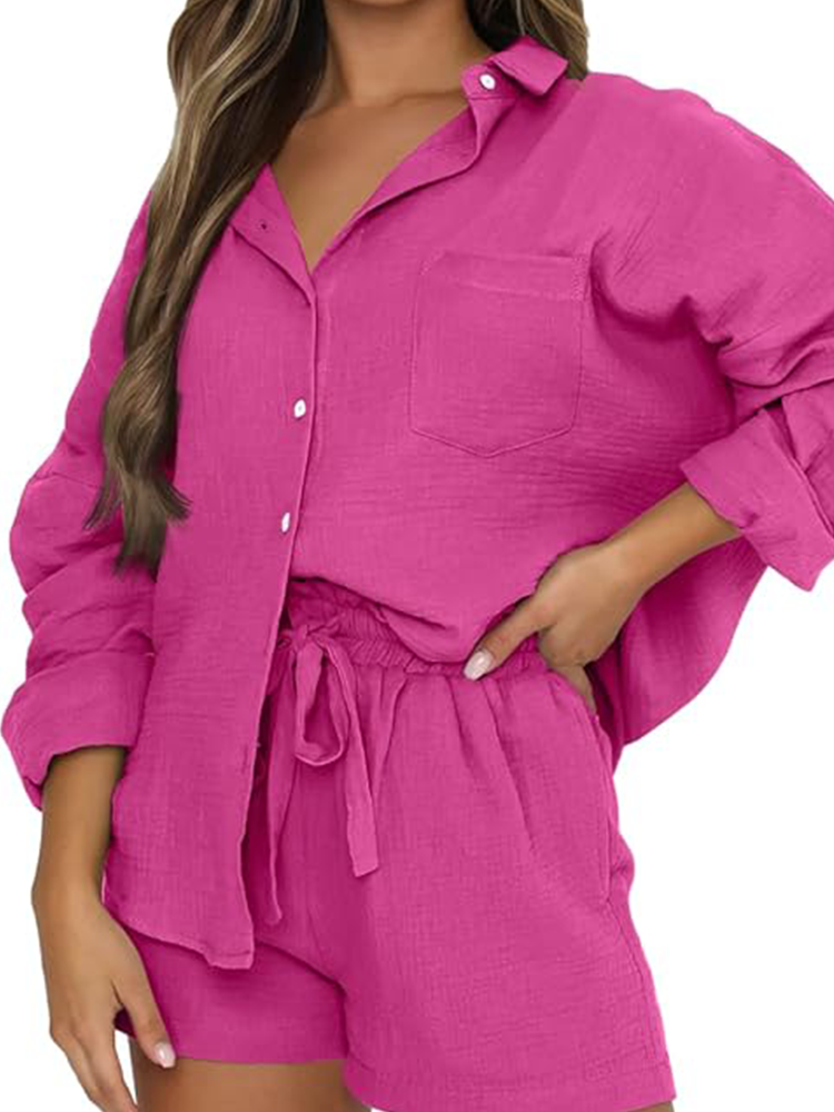 Yvonne® | Set casual composto da camicia con colletto e pantaloncini con coulisse