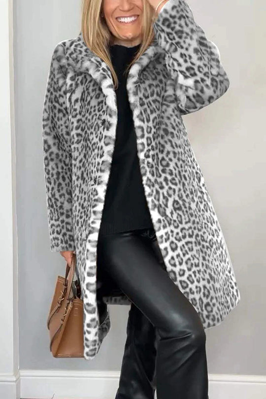 Abigail® | Cappotto in peluche di media lunghezza a maniche lunghe con revers con stampa leopardata