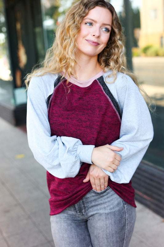 Sigrid® | Maglione raglan color block Autumn Vibes nei colori grigio e bordeaux