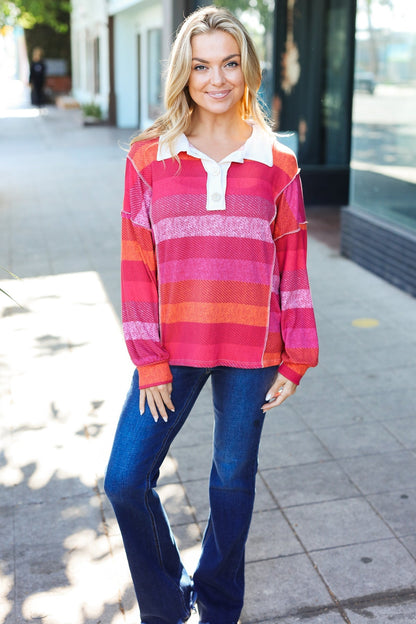 Vittoria® | Be Bold Top a righe magenta con colletto button down