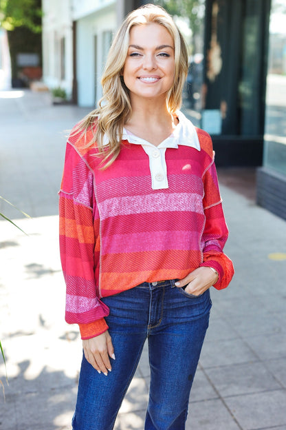 Vittoria® | Be Bold Top a righe magenta con colletto button down