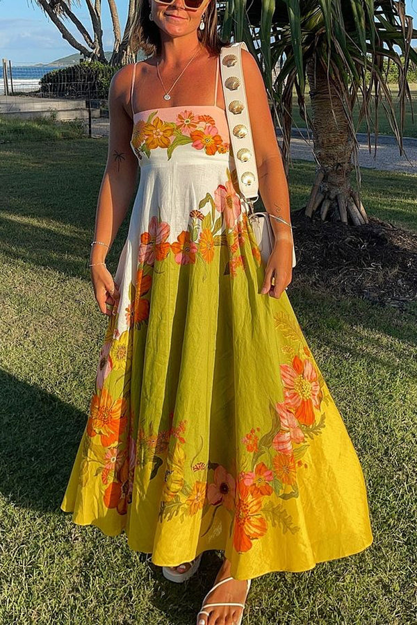 Zada® | Maxi abito in misto lino con stampa floreale a contrasto sul retro e tasche a punto smock