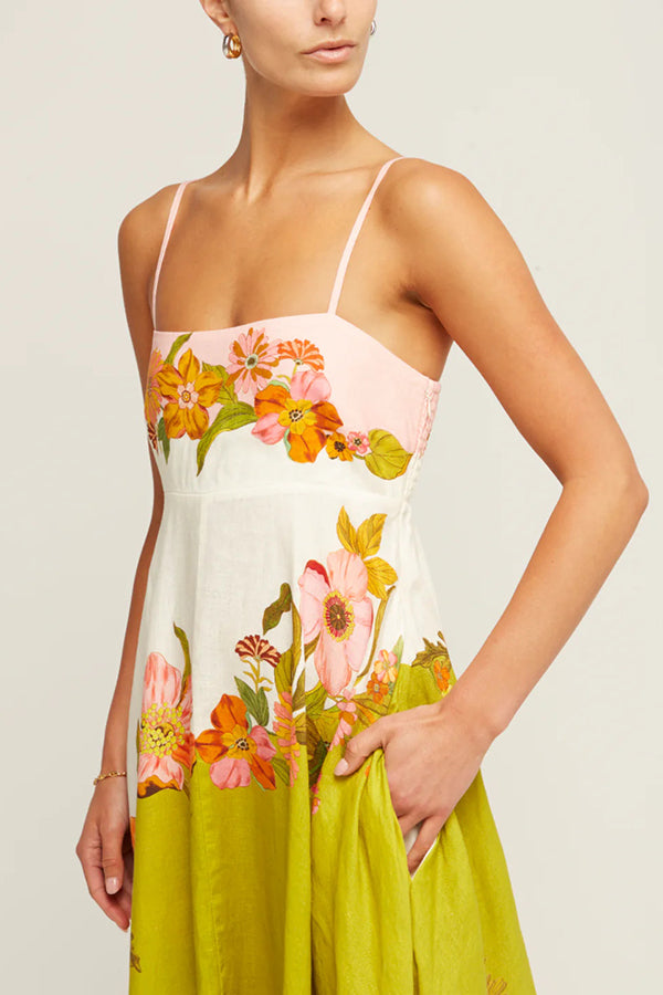 Zada® | Maxi abito in misto lino con stampa floreale a contrasto sul retro e tasche a punto smock