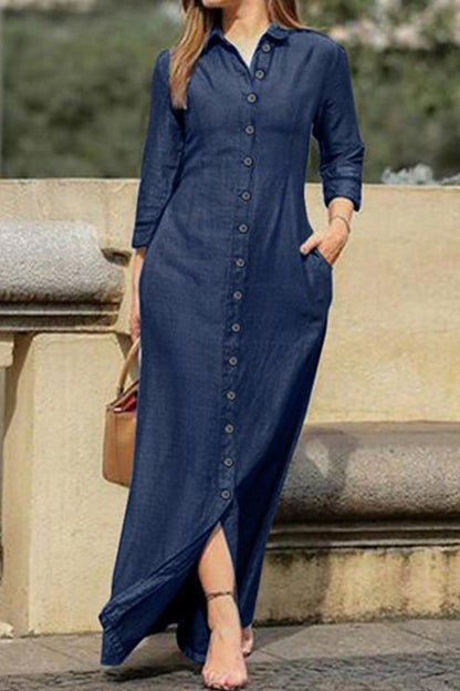 Yesenia® | Abiti in denim eleganti, semplici e ampi con colletto risvoltato e maniche lunghe