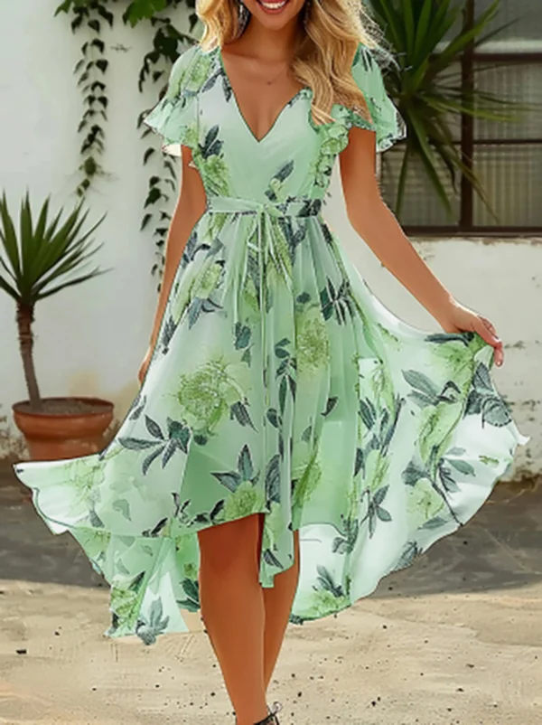 Sara - Abito da vacanza in chiffon floreale con vestibilità regolare e cintura