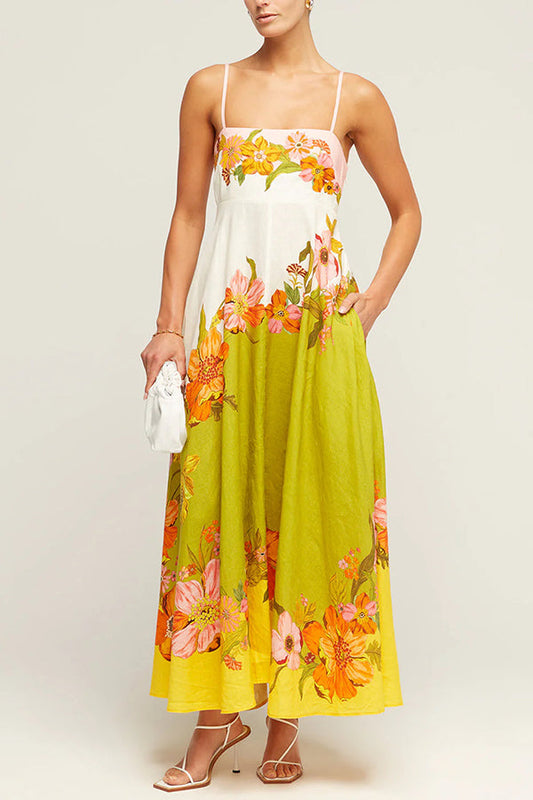 Zada® | Maxi abito in misto lino con stampa floreale a contrasto sul retro e tasche a punto smock