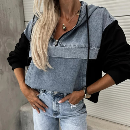 Adelina® | Felpa con cappuccio casual con zip e motivo patchwork in denim