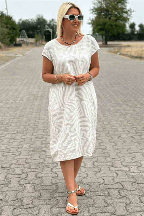 Naila - Abito Midi in Rayon con Stampa Zebra e Collo Rotondo