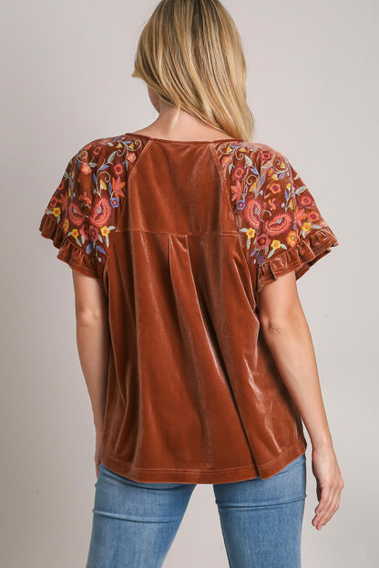 Yoselin® | Blusa in velluto a maniche corte con ricami