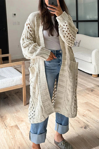 Yadira® | Cardigan midi oversize lavorato a maglia a maniche lunghe lavorato a trecce con tasca