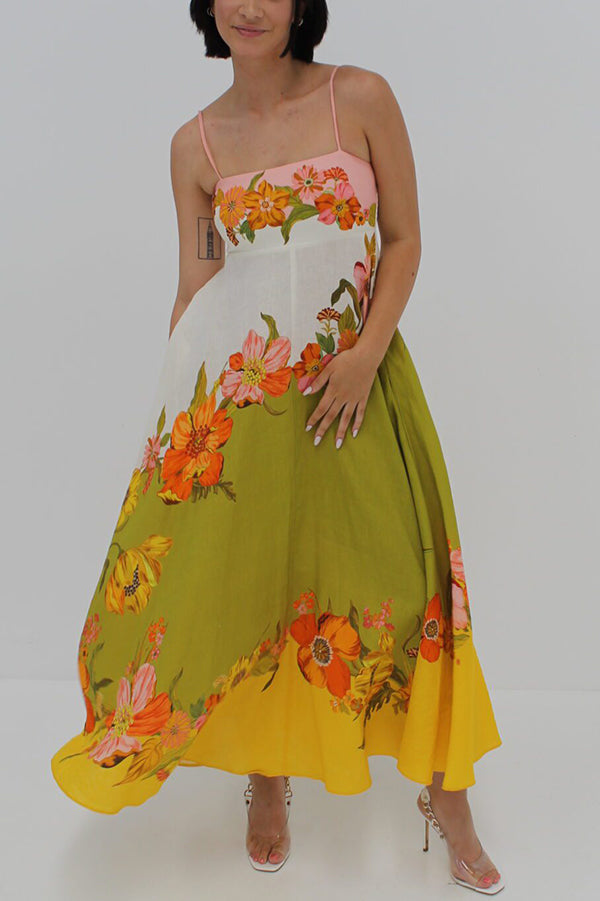 Zada® | Maxi abito in misto lino con stampa floreale a contrasto sul retro e tasche a punto smock