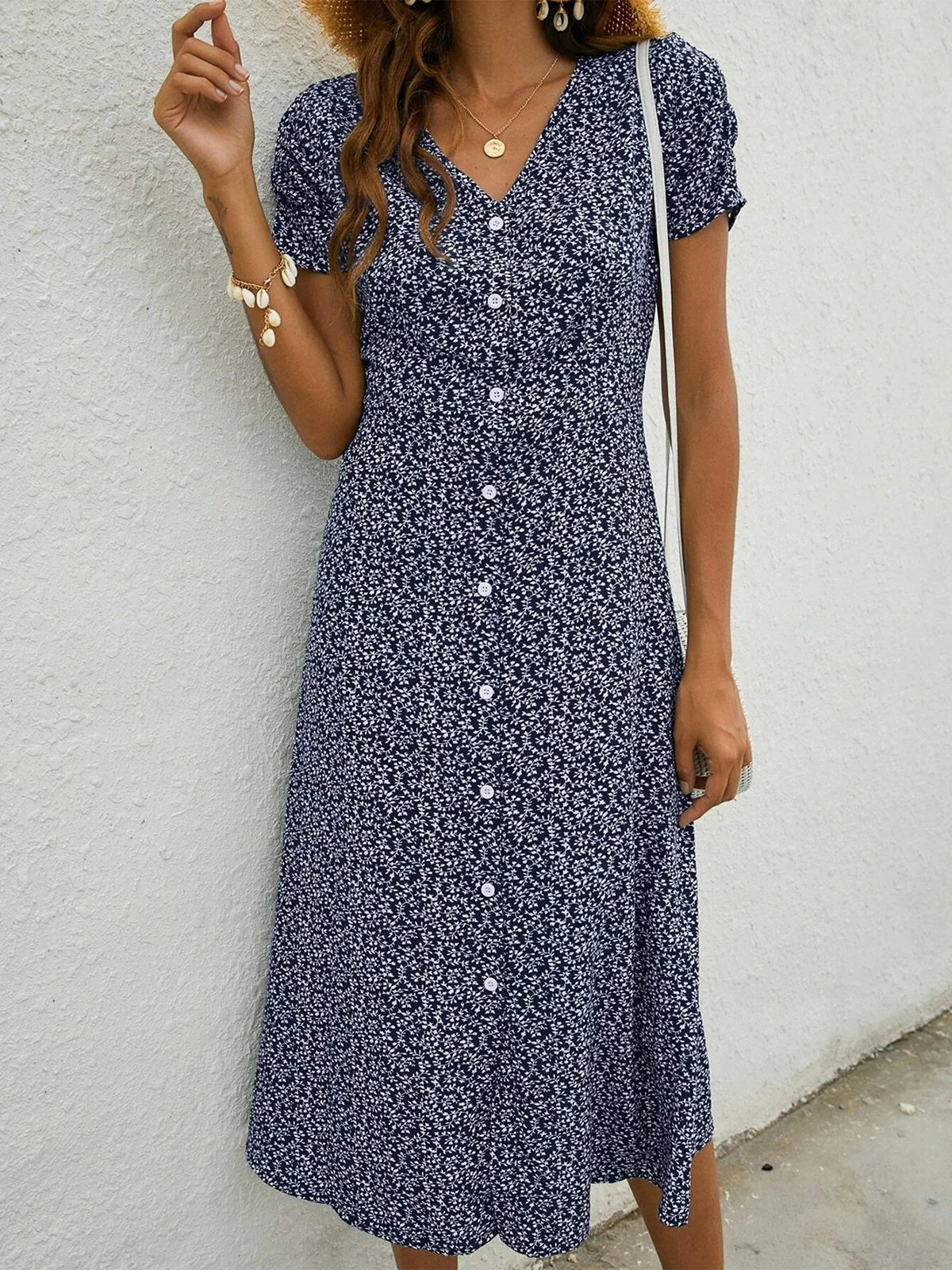 Mila - Abito Midi Blu Navy a Maniche Corte Con Scollo a V