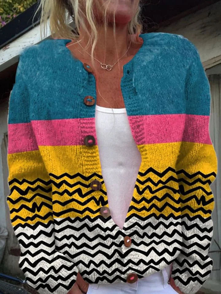 Yolanda® | Maglione cardigan color block con abbottonatura multicolor con stampa artistica geometrica ondulata