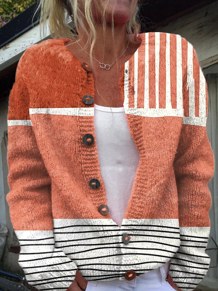 Zaira® | Maglione cardigan casual con stampa di arte astratta retrò