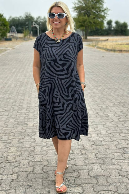 Naila - Abito Midi in Rayon con Stampa Zebra e Collo Rotondo