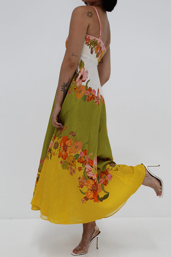 Zada® | Maxi abito in misto lino con stampa floreale a contrasto sul retro e tasche a punto smock