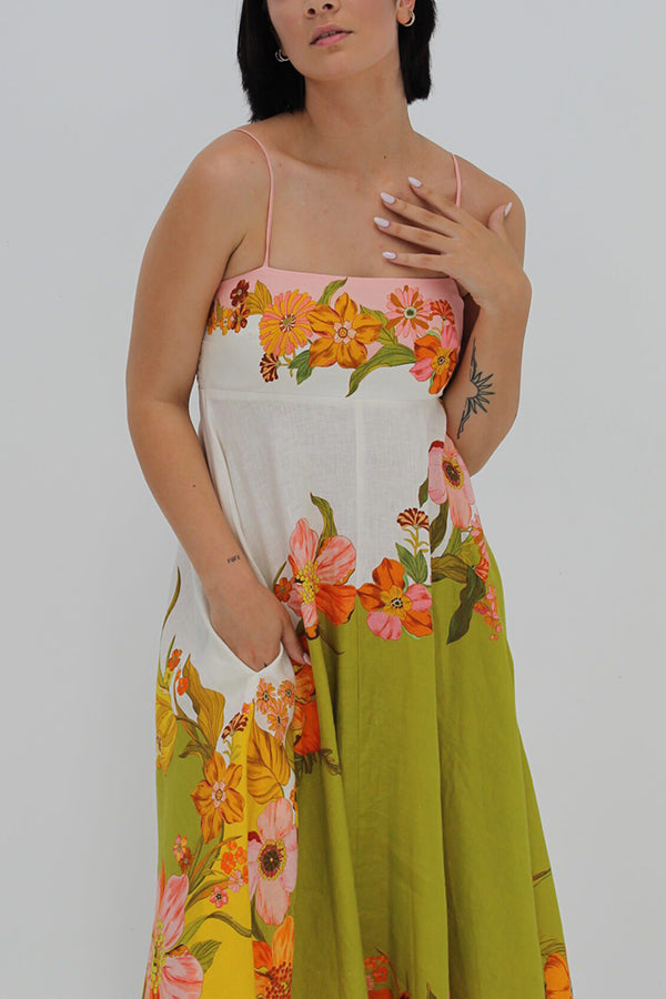 Zada® | Maxi abito in misto lino con stampa floreale a contrasto sul retro e tasche a punto smock