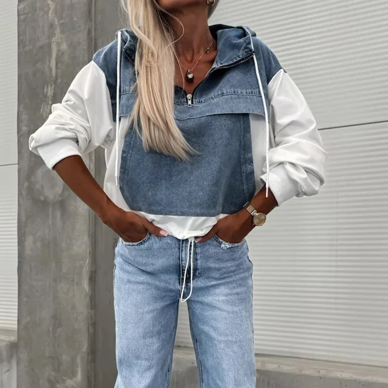 Adelina® | Felpa con cappuccio casual con zip e motivo patchwork in denim