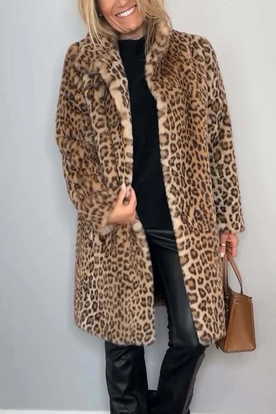 Abigail® | Cappotto in peluche di media lunghezza a maniche lunghe con revers con stampa leopardata