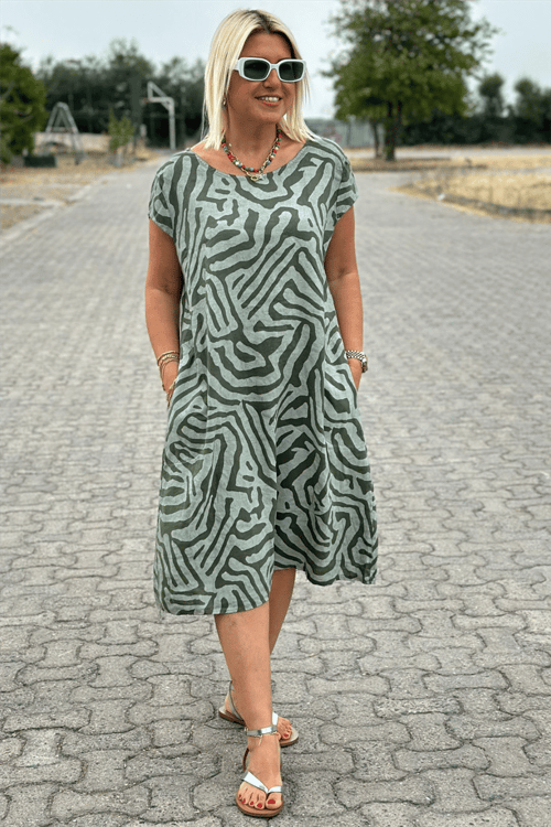 Naila - Abito Midi in Rayon con Stampa Zebra e Collo Rotondo