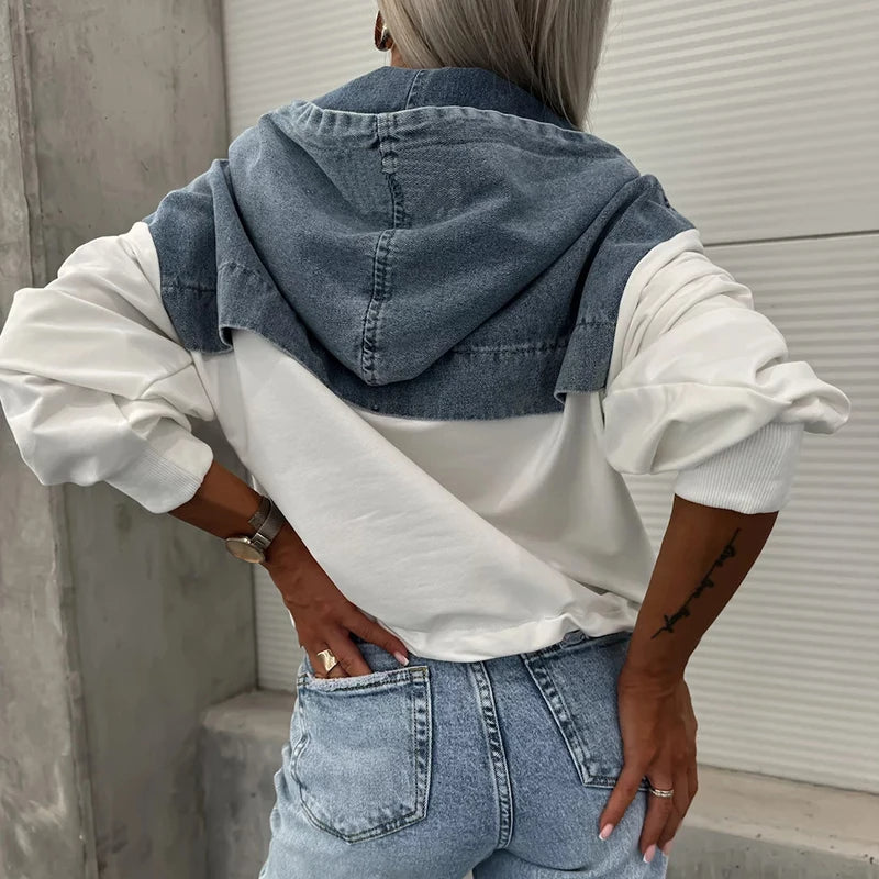 Adelina® | Felpa con cappuccio casual con zip e motivo patchwork in denim