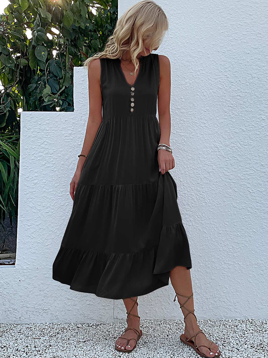 Tamara - Vestito da donna casual con bottoni solidi e allentati, modello Midi Sundress