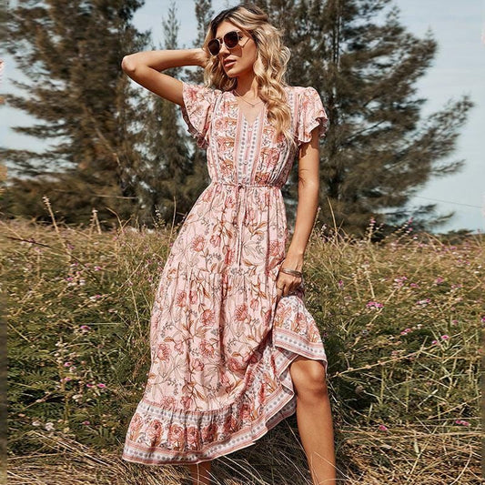 Yoselin® | Abito midi bohémien rosa