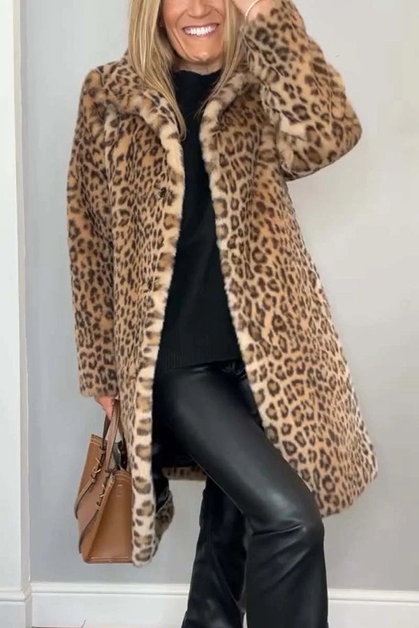 Abigail® | Cappotto in peluche di media lunghezza a maniche lunghe con revers con stampa leopardata