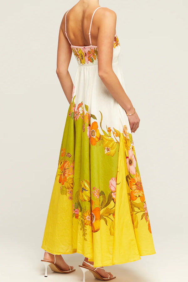 Zada® | Maxi abito in misto lino con stampa floreale a contrasto sul retro e tasche a punto smock