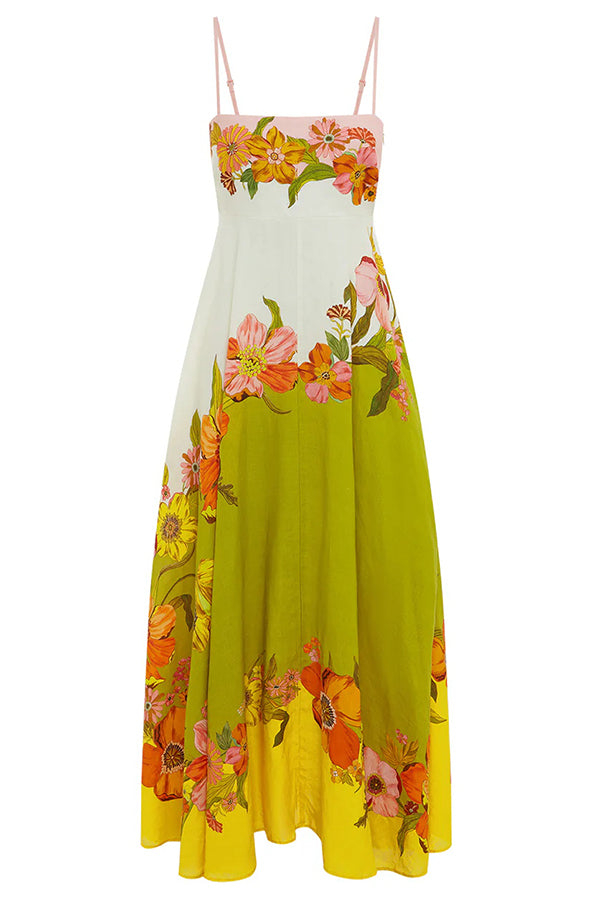 Zada® | Maxi abito in misto lino con stampa floreale a contrasto sul retro e tasche a punto smock