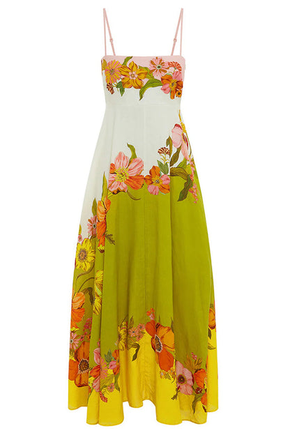 Zada® | Maxi abito in misto lino con stampa floreale a contrasto sul retro e tasche a punto smock