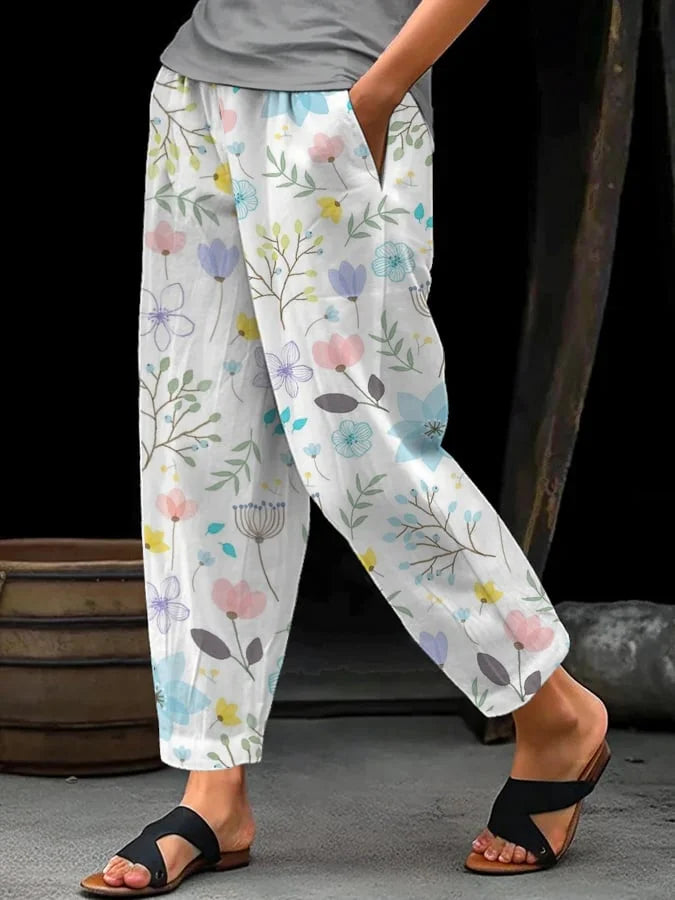 Fiona - Pantaloni casual larghi da donna con design floreale ed elastico in vita con coulisse