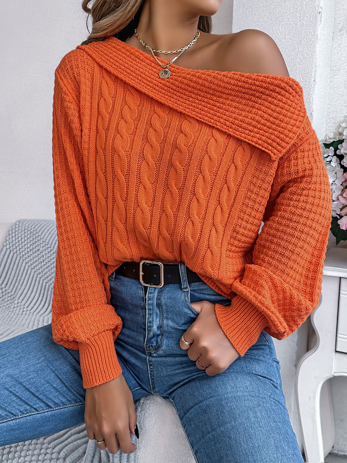 Yolaina® | Maglione con spalle scoperte, maniche lunghe e revers