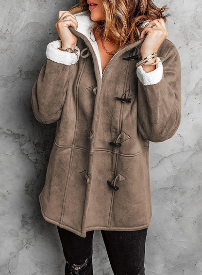 Sigune® | Cappotto da donna con cappuccio e corno realizzato in velluto