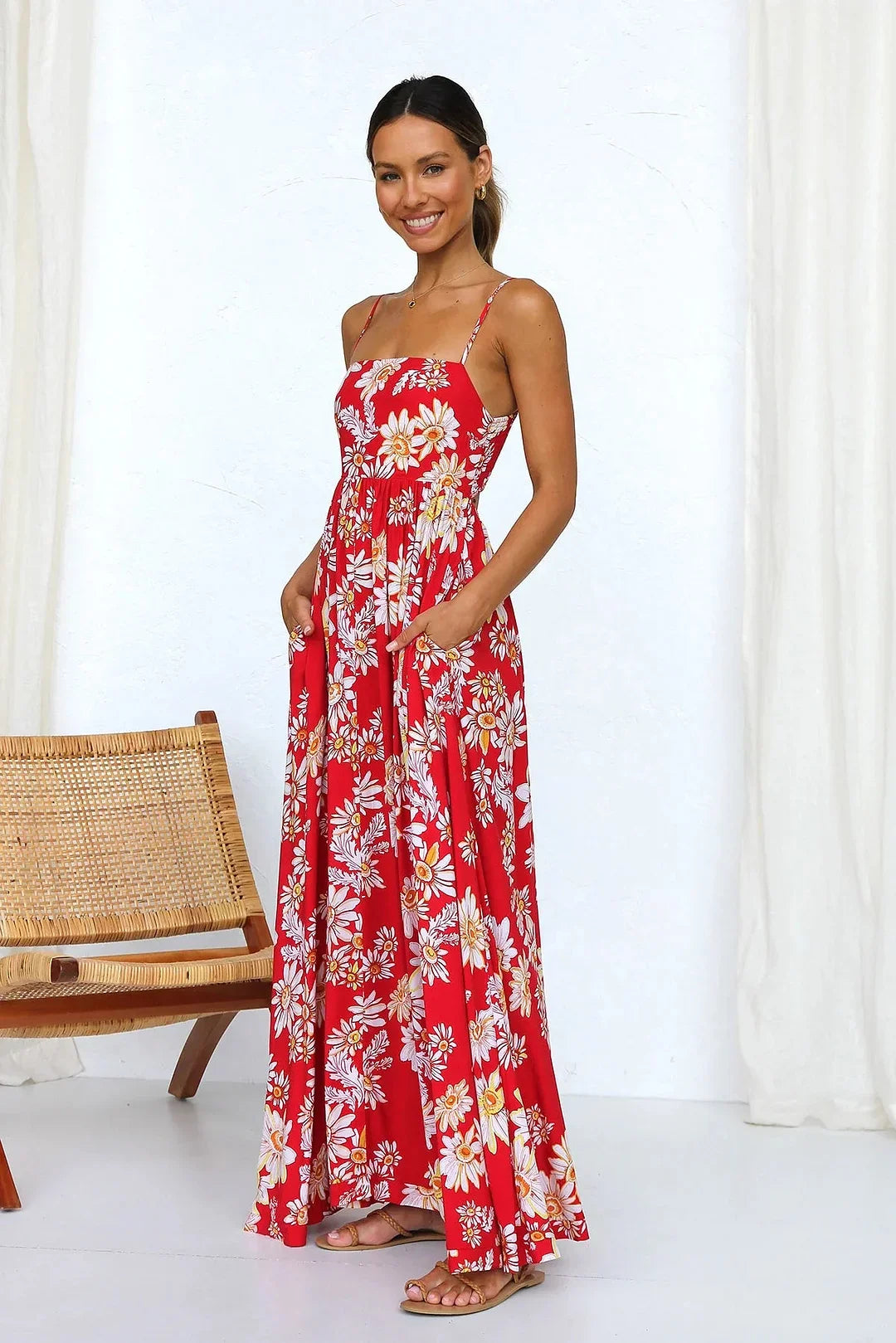 Vanessa - Vestito Midi Rosso con Fiori