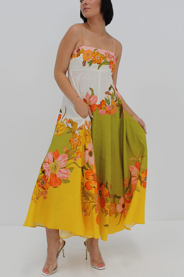 Zada® | Maxi abito in misto lino con stampa floreale a contrasto sul retro e tasche a punto smock