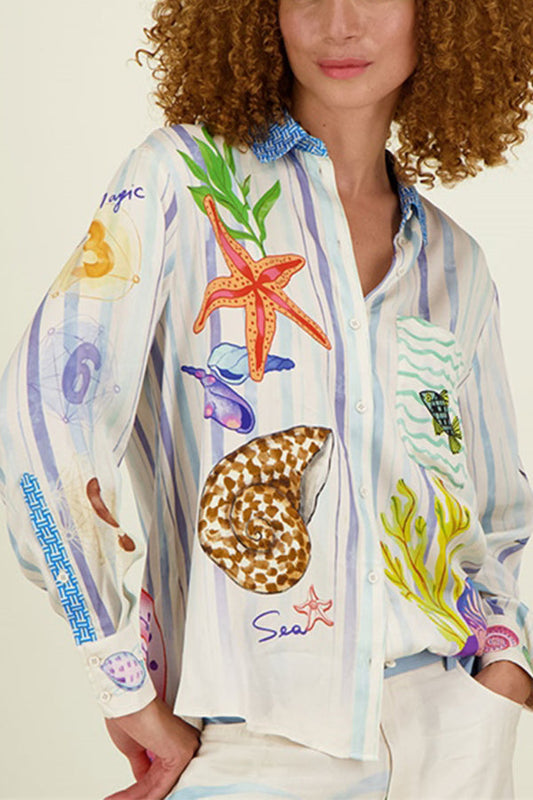Zulema® | Blusa oversize in raso con stampa unica e abbottonatura e tasche