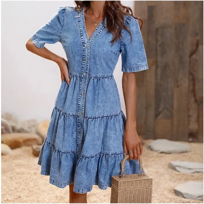 Paula - Miniabito in chambray increspato con abbottonatura in denim