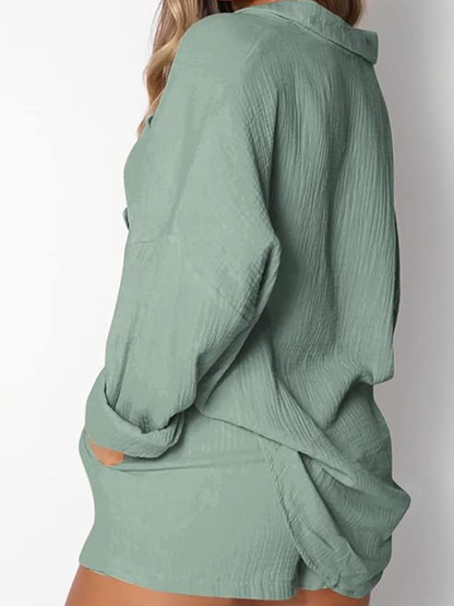 Yvonne® | Set casual composto da camicia con colletto e pantaloncini con coulisse