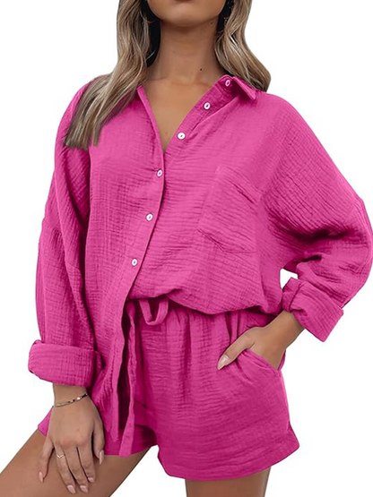 Yvonne® | Set casual composto da camicia con colletto e pantaloncini con coulisse