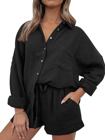 Yvonne® | Set casual composto da camicia con colletto e pantaloncini con coulisse