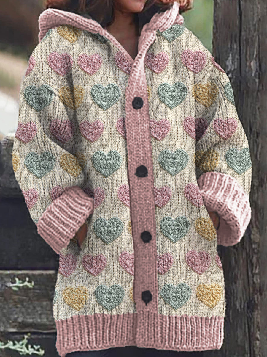 Wendy® | Cardigan casual con cappuccio aperto da donna con motivo a cuori